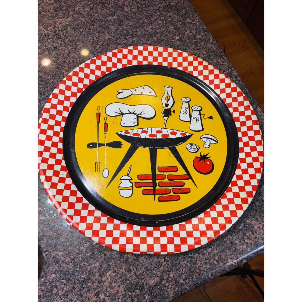 Vintage 1950's LARGE Metal Serving Tray BBQ Themed 19" Diameter